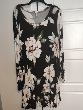 Black Floral Long Sleeve Swing Dress With Ruffle Hem And POCKETS!!!